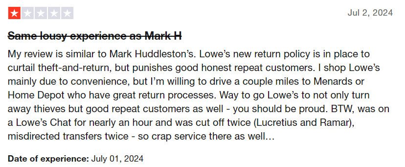 Customer review about Lowes' return policy
