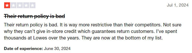 Review of customers about Lowes' return policy 