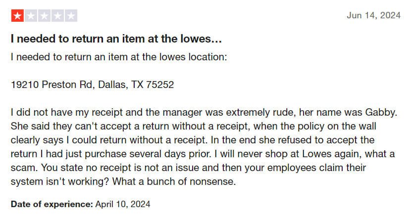 Review about Lowes' customer service